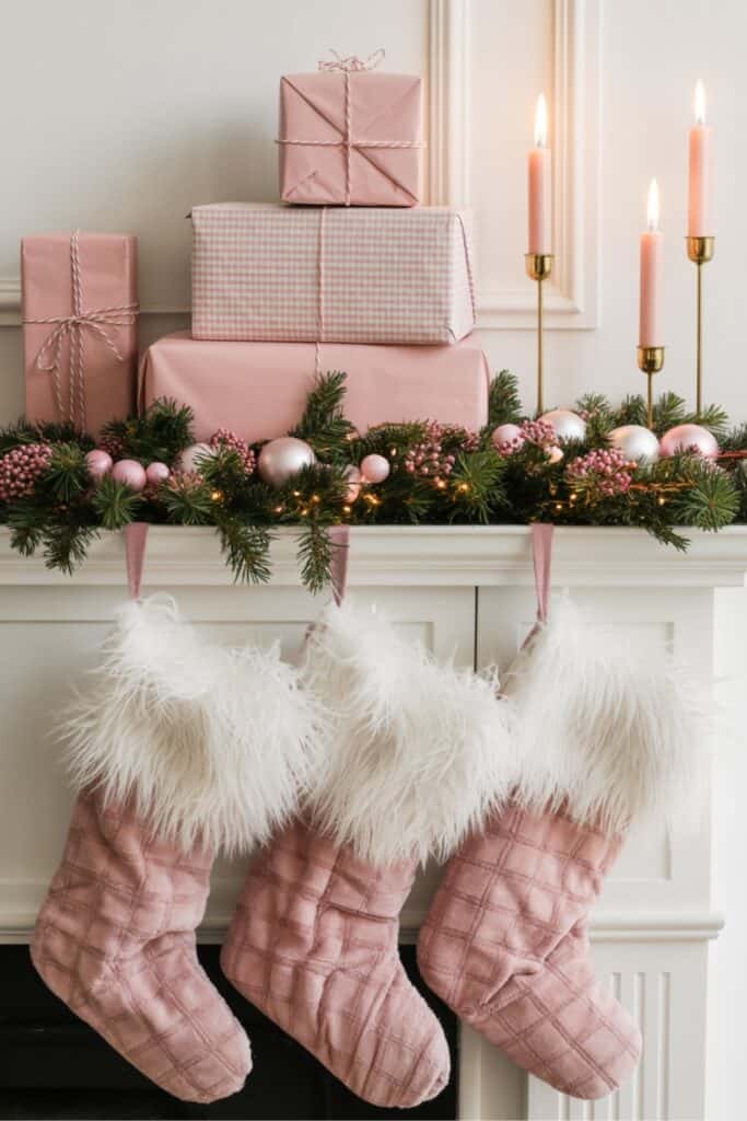 Pink Stocking Mantel with Garland and Wrapped Gifts