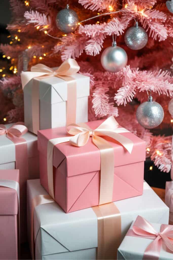 Pink and White Christmas Presents Under the Tree