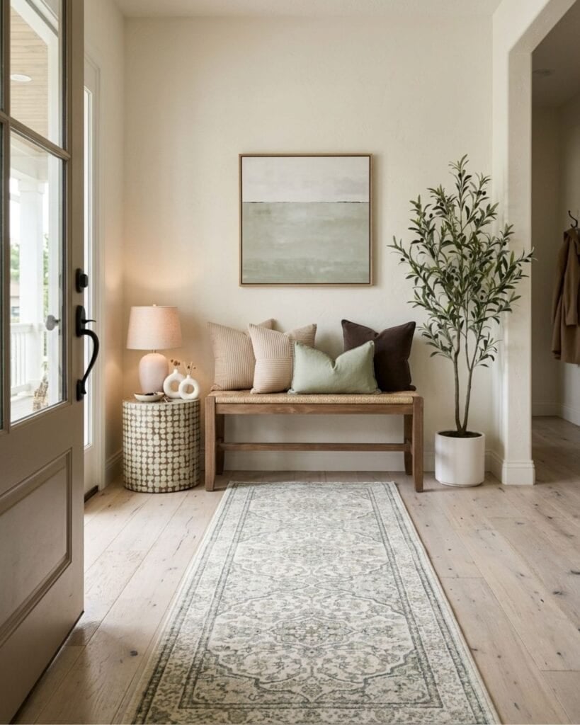 Soft Green and Taupe Modern Rustic Small Entryway Design