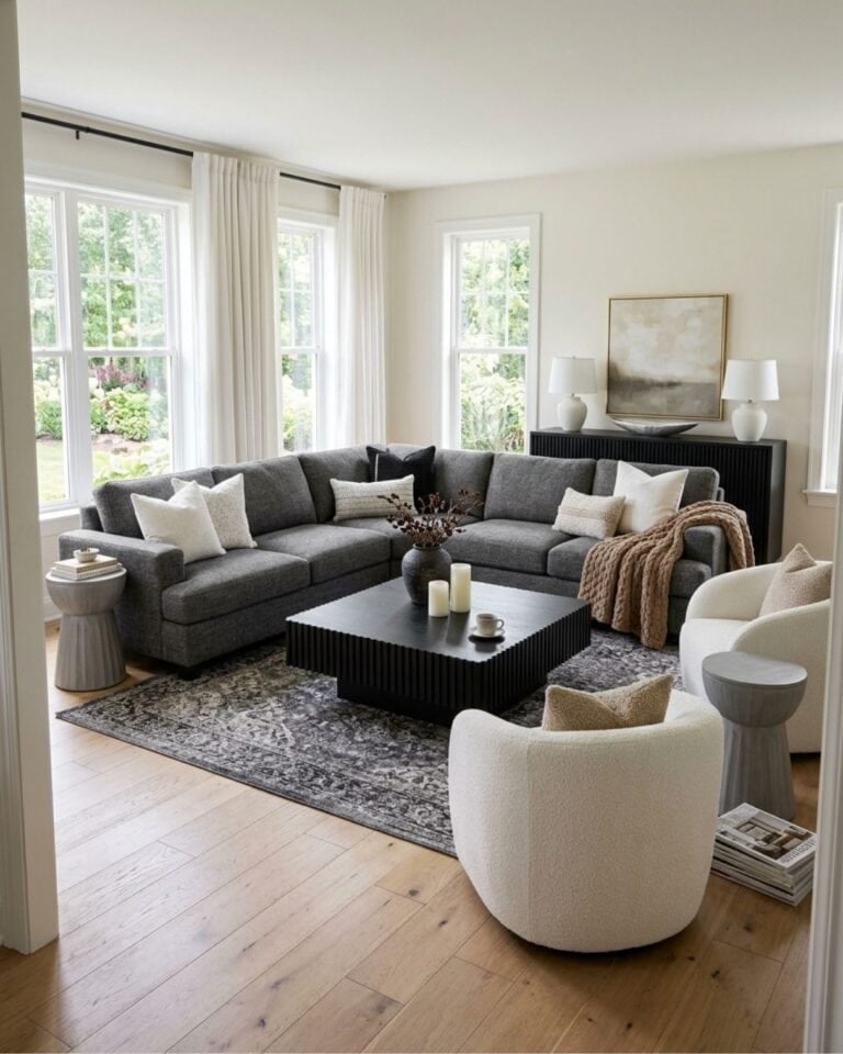 Soft White and Charcoal Modern Living Room Design