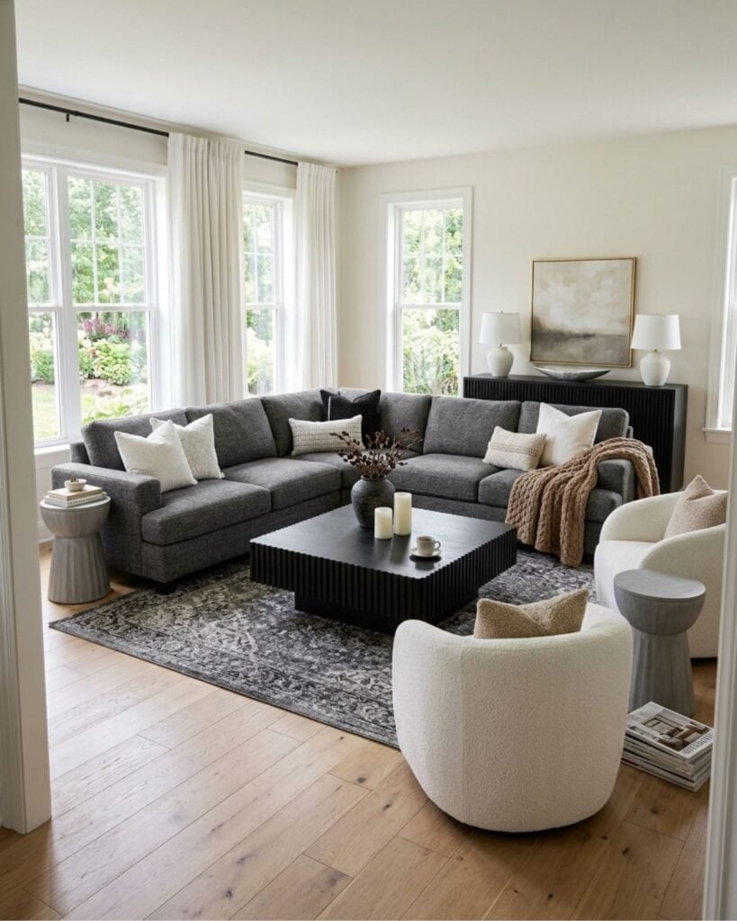 Soft White and Charcoal Modern Living Room Design
