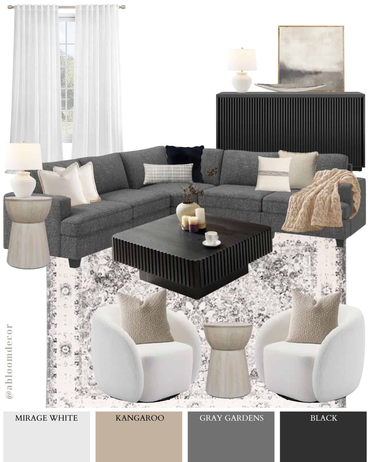 Soft White and Charcoal Modern Living Room Design