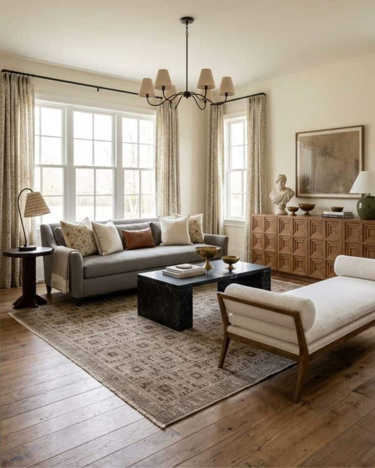 Warm Vintage-Inspired Neutral Living Room Mood Board