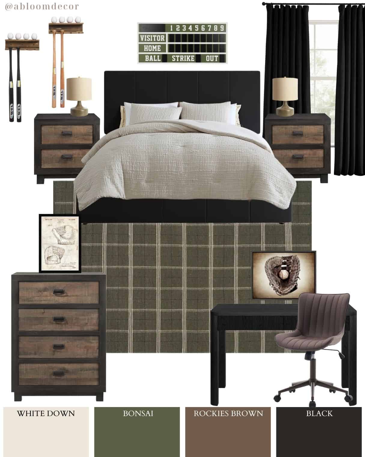 Black and Green Baseball Teenage Boy Bedroom Design