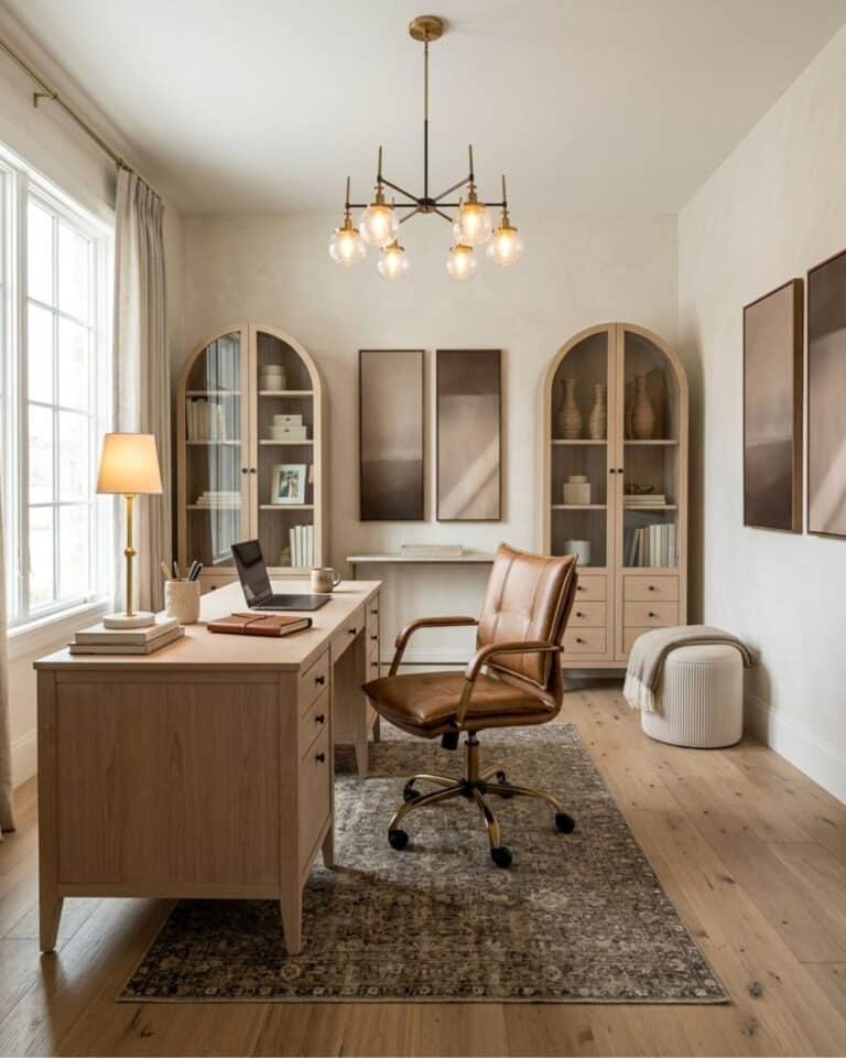 Cozy Tan Transitional Home Office Design
