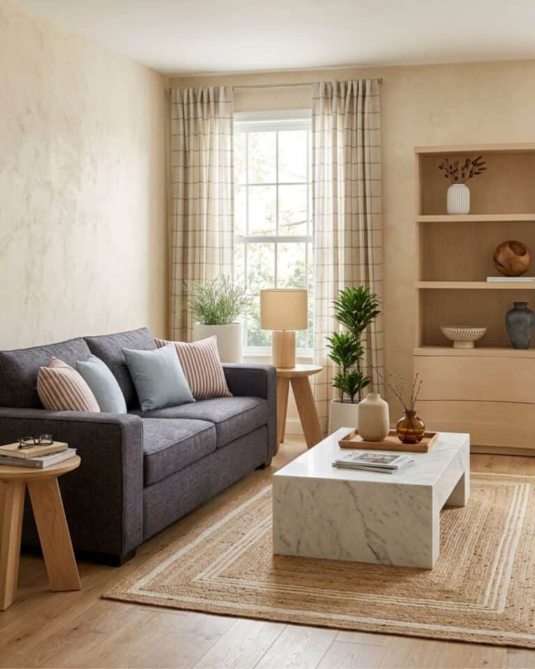 Warm Neutral Small Living Room Design With a Navy Sofa