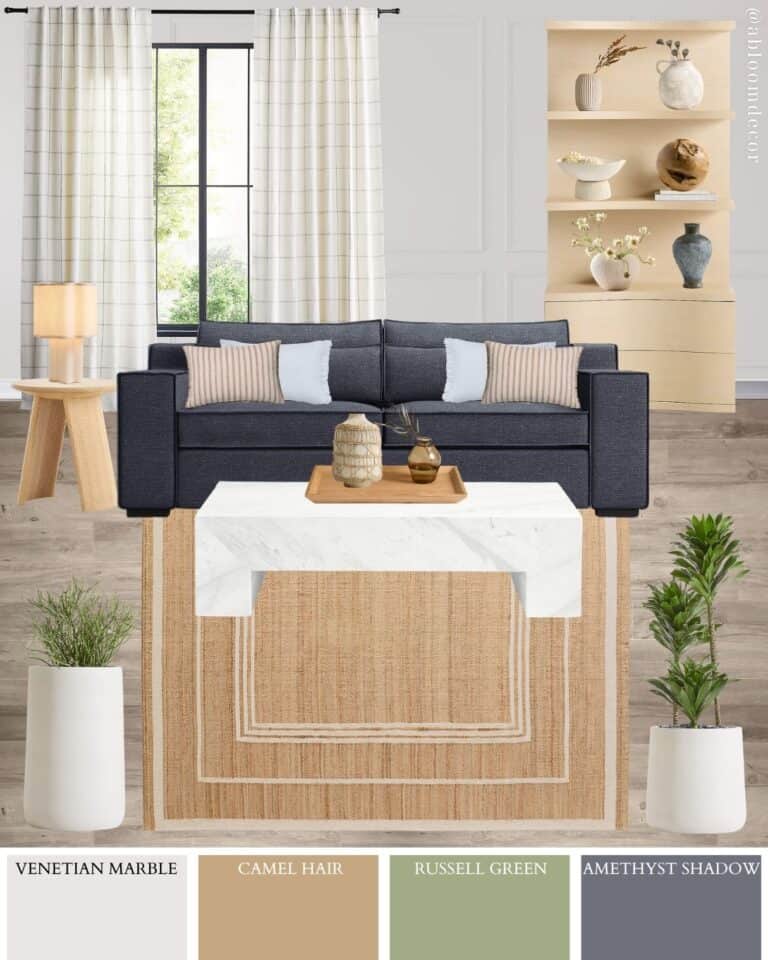 Warm Neutral Small Living Room Design With a Navy Sofa