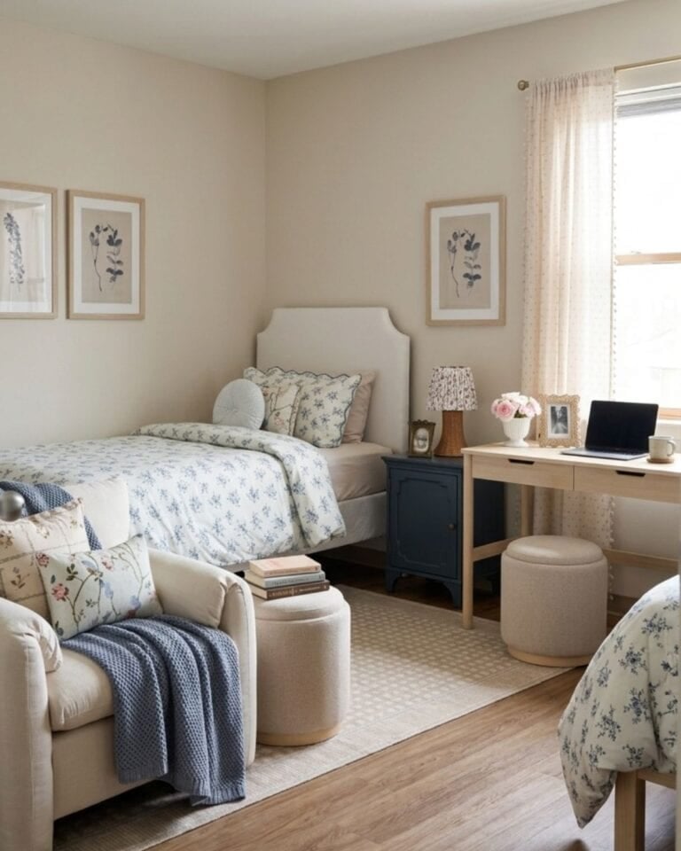 Charming Floral Blue College Dorm Room Idea