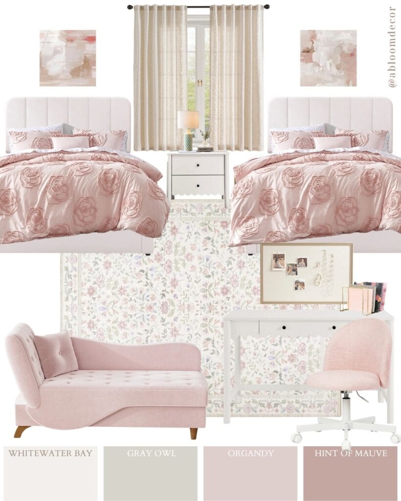 Mauve and Soft Pink Floral Dorm Room