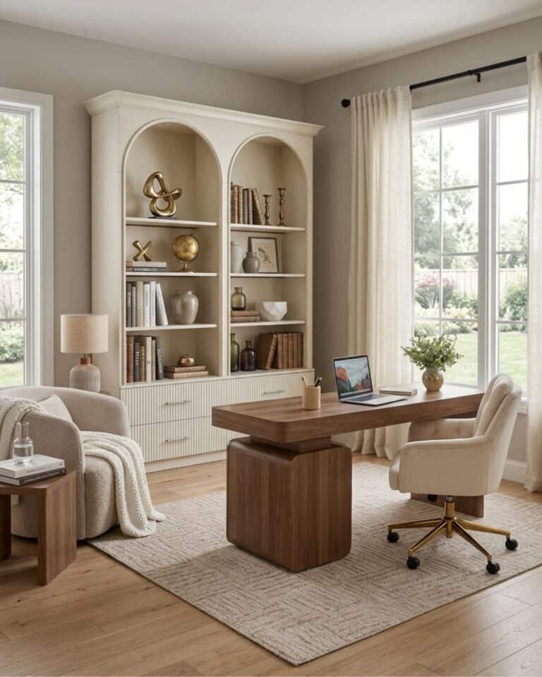 Neutral Arched Bookshelf Home Office Design