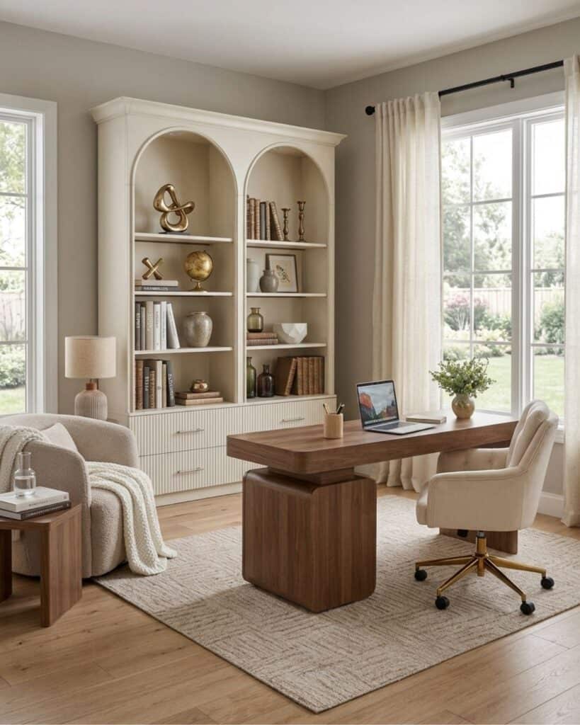 Neutral Arched Bookshelf Home Office Design