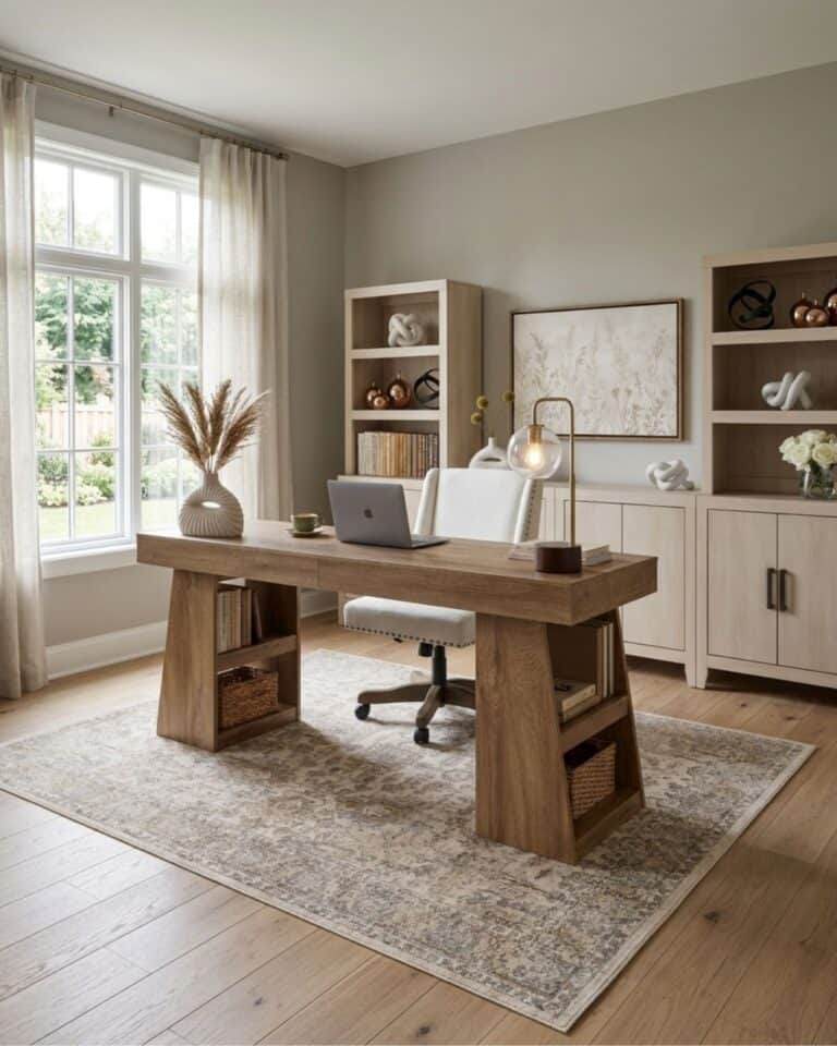 Neutral Modern Home Office Design With Storage