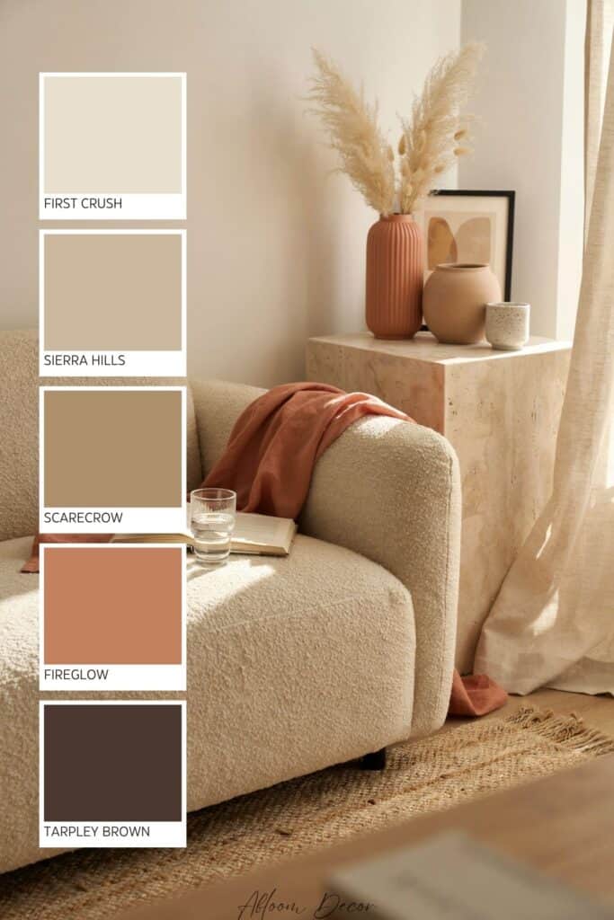 Neutral and Terracotta Living Room paint color ideas