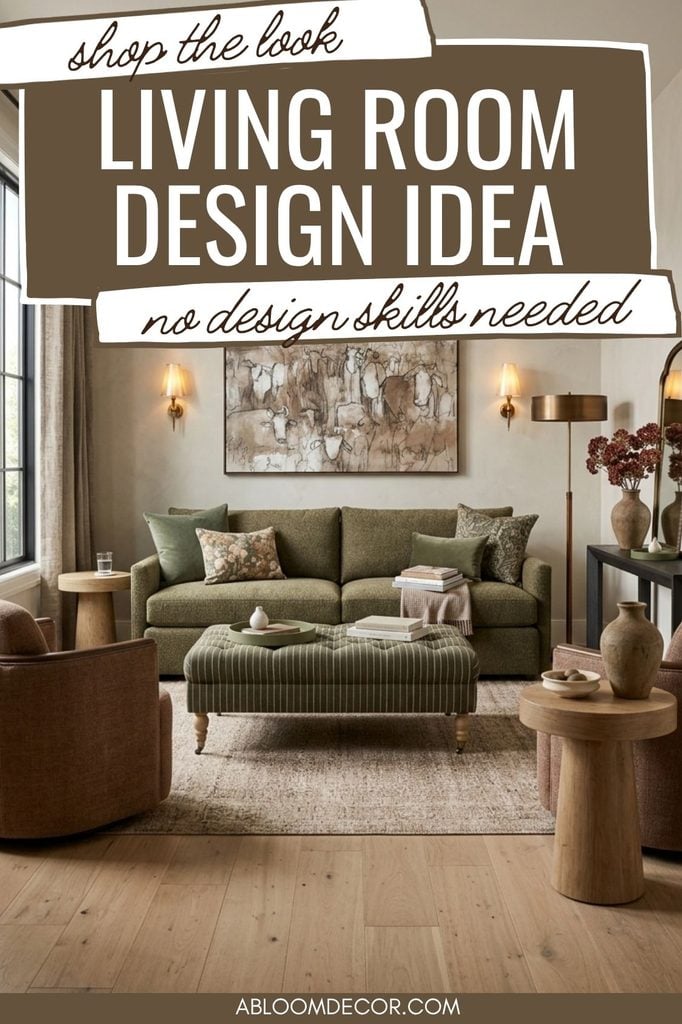 Moody Olive Green Living Room Design pin
