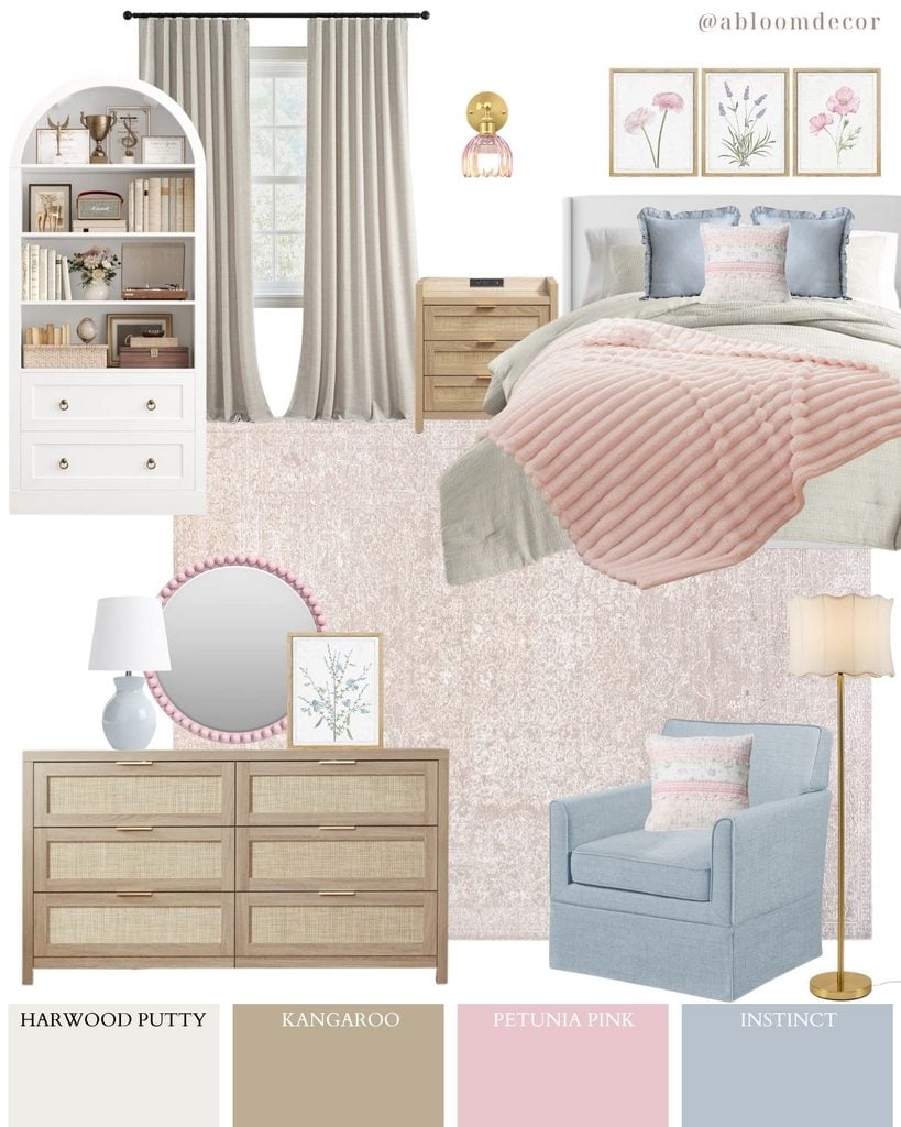 Soft Pink and Blue Tween Girl Room Mood Board