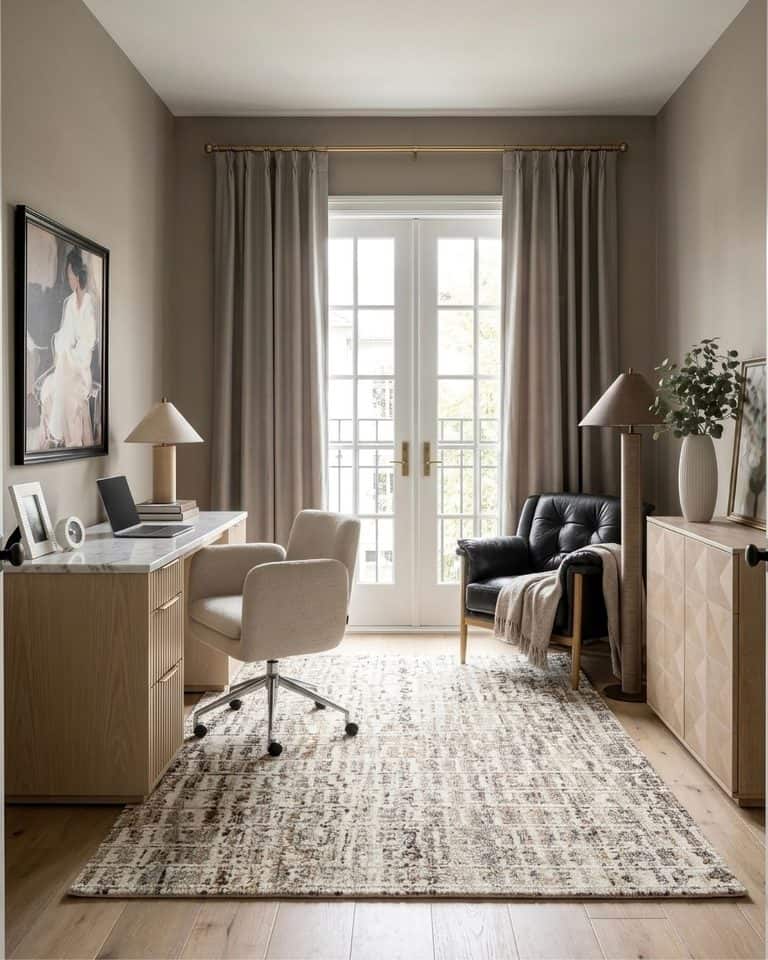 Artsy Tan Transitional Home Office Design