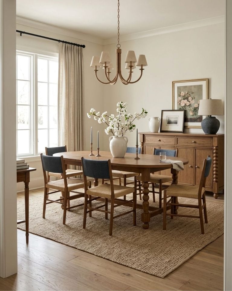 Warm Wood and Blue Traditional Dining Room Design