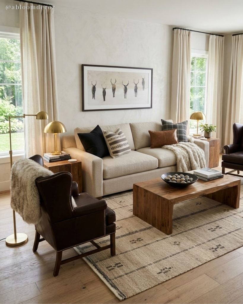 Cozy Brown and Cream Mountain Lodge Living Room Design idea
