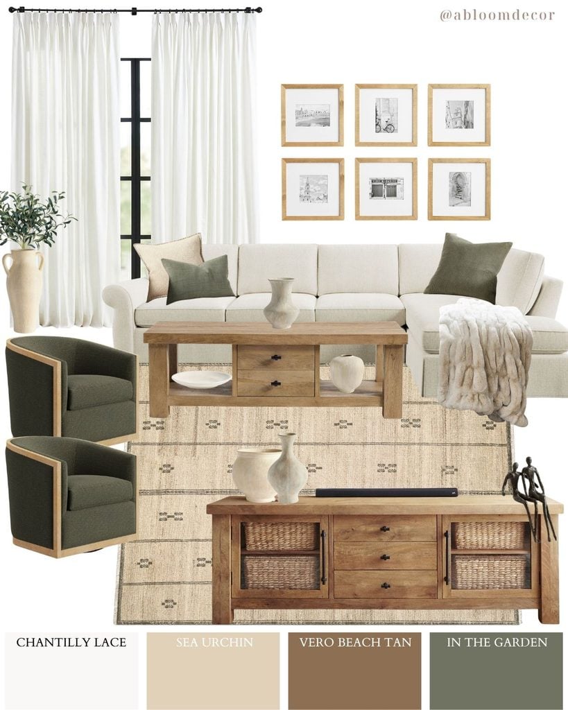 Cream and Olive Green Modern Farmhouse Living Room Design