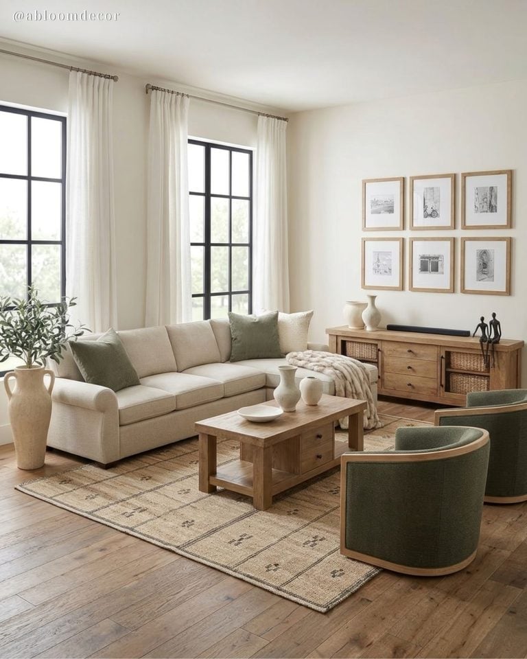 Cream and Olive Green Modern Farmhouse Living Room Design