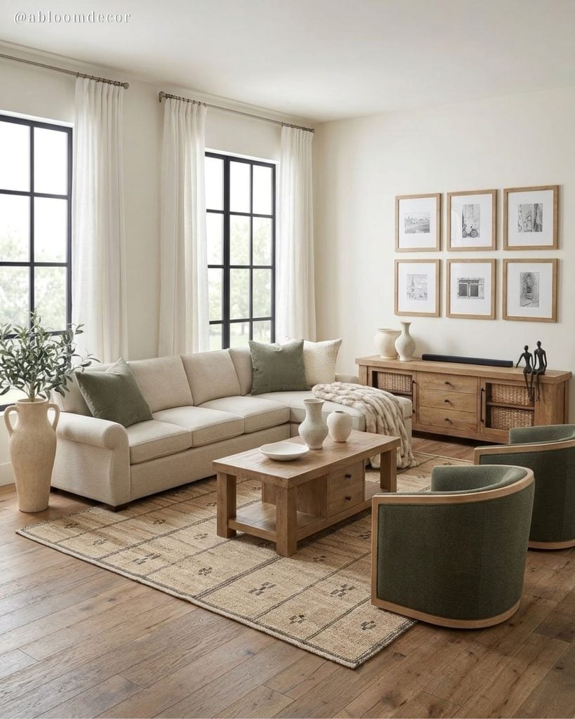 Cream and Olive Green Modern Farmhouse Living Room Design idea