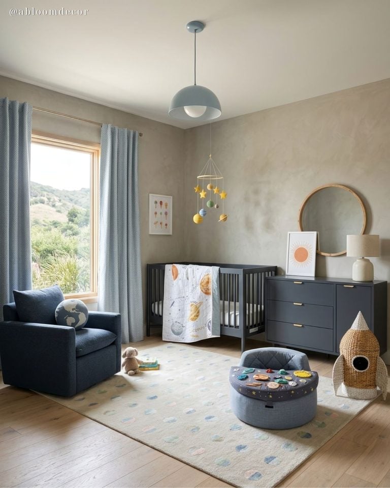 Navy Blue Outer Space Baby Boy Nursery Room Idea